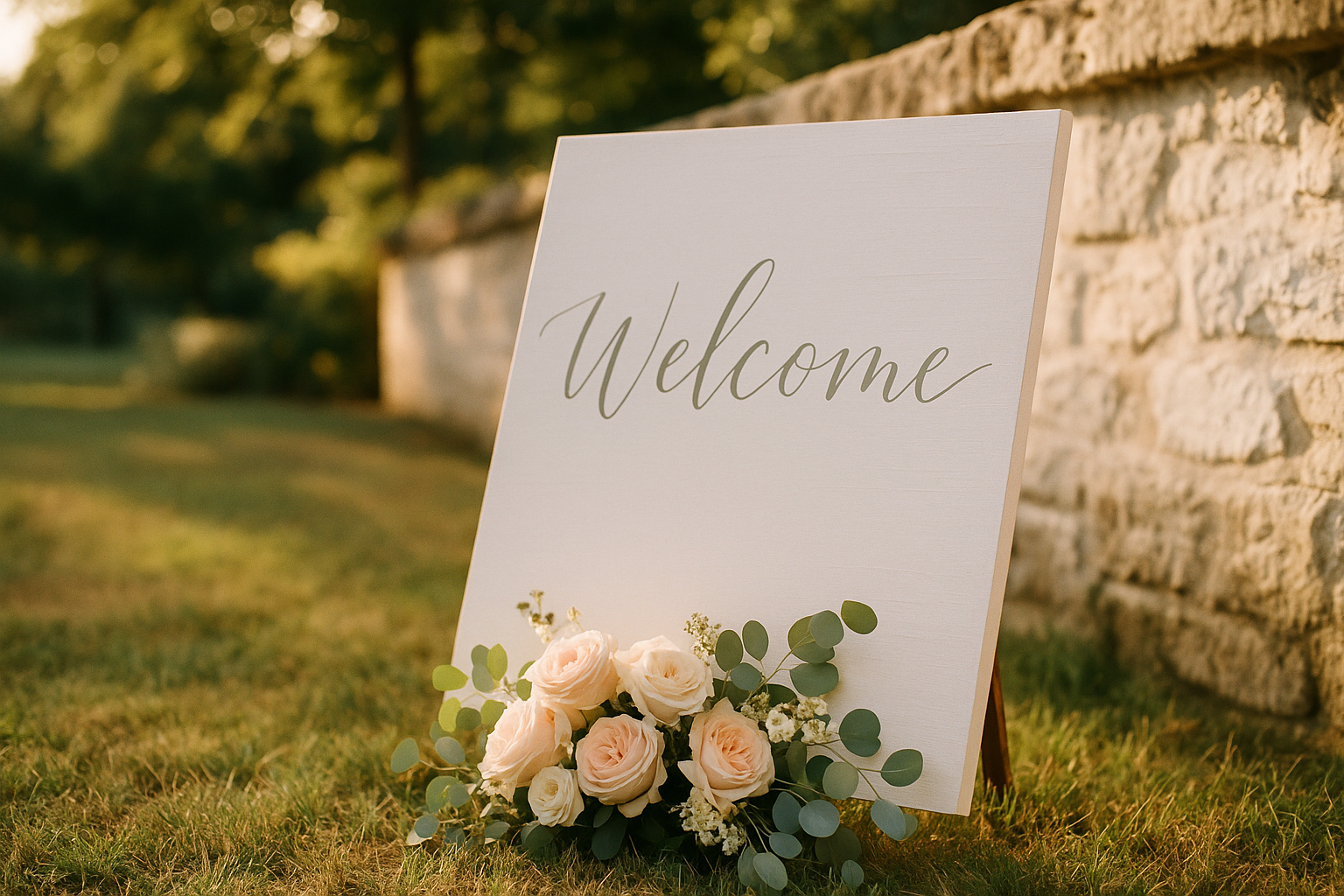 A large elegant wedding welcome sign in white and gold calligraphy leaning against a garden wall, surrounded by soft greenery and garden roses, warm afternoon light falling across the surface