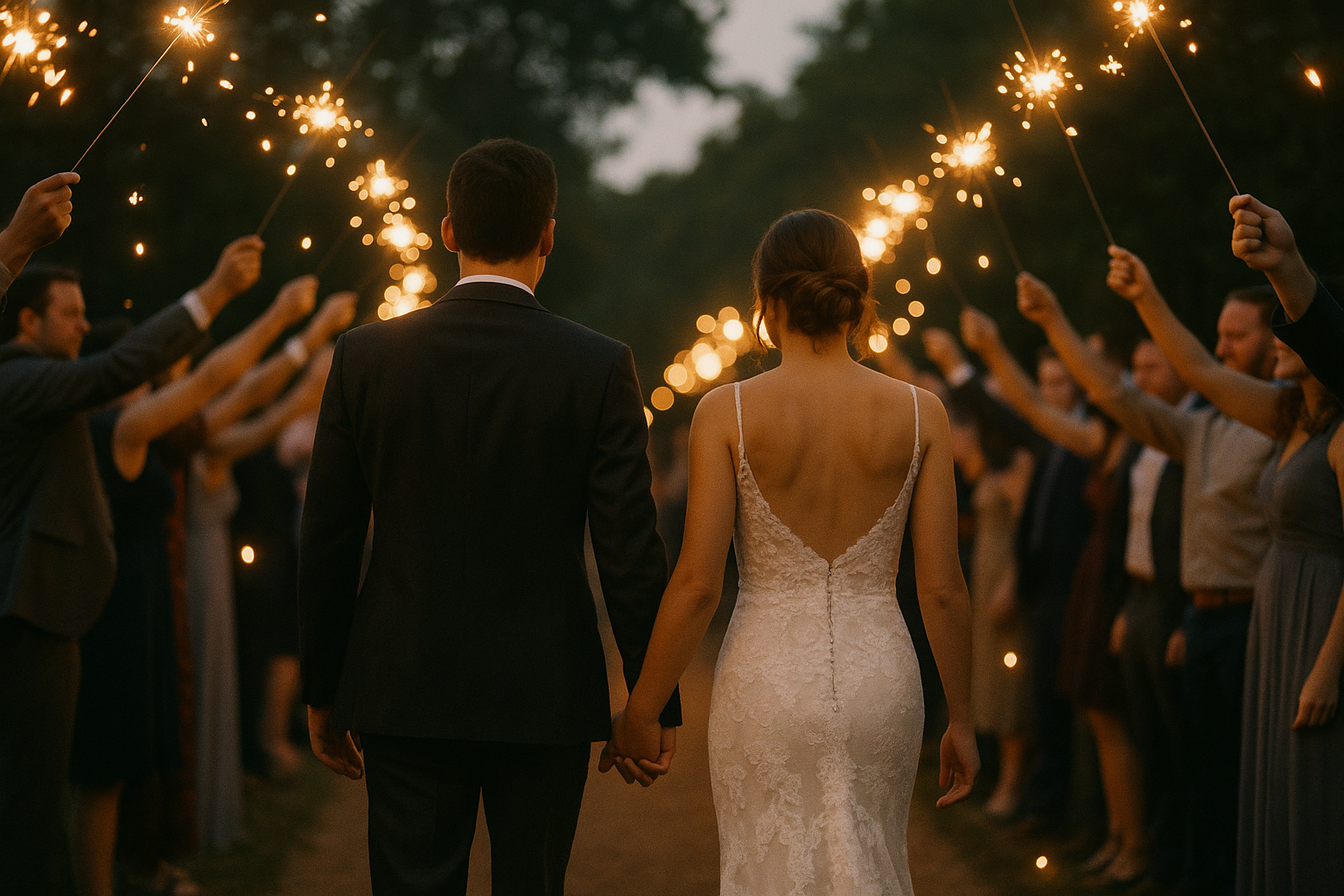 A bride and groom walking through a tunnel of sparkling guests at a nighttime outdoor wedding send-off, warm glowing light and soft bokeh