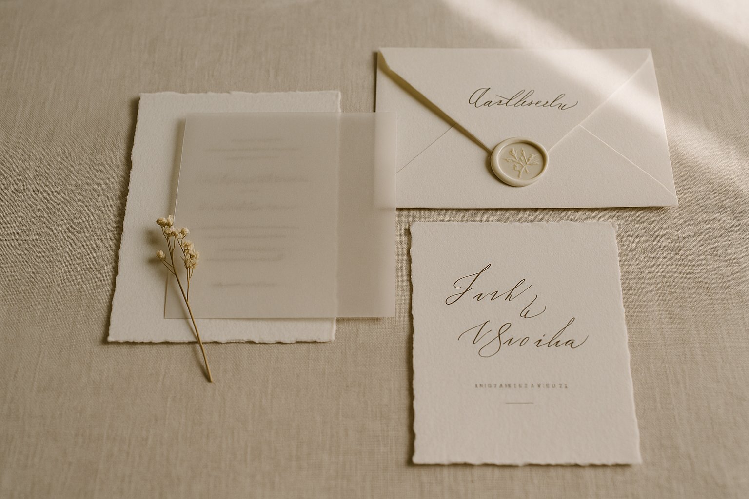 A beautifully composed flat lay of a wedding invitation suite — ivory cards, calligraphed envelope, wax seal, pressed dried florals, and a sprig of eucalyptus — on a soft linen surface.