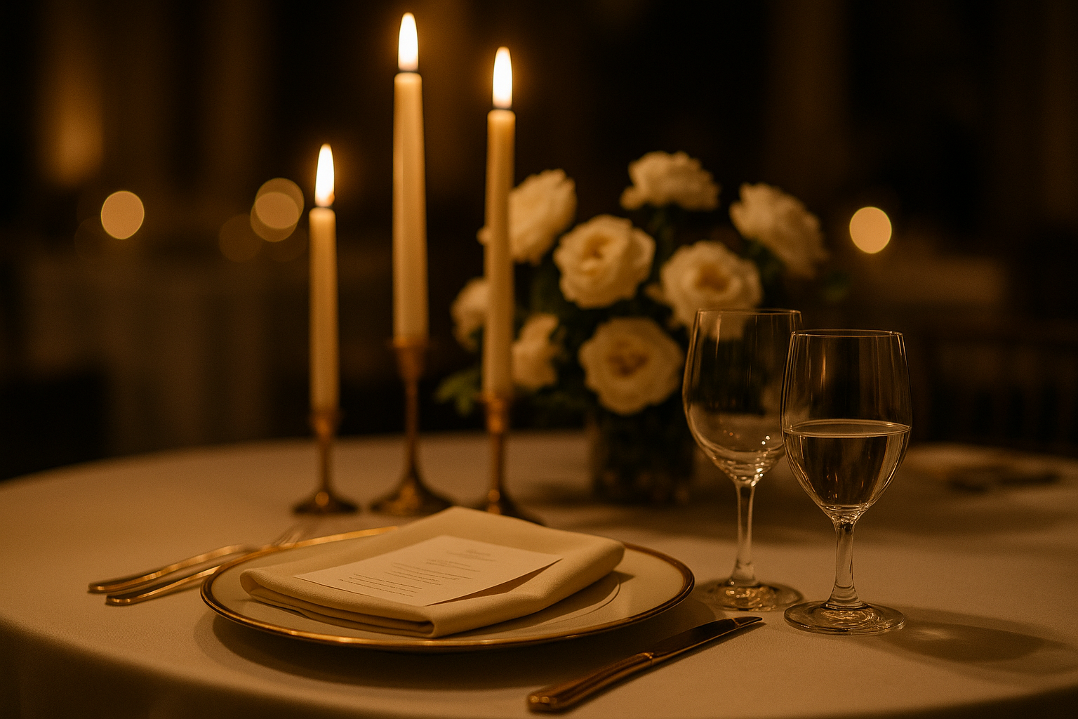 An elegantly set wedding reception table with white linens, gold charger plates, crystal glassware, ivory taper candles, and a lush floral centerpiece in soft candlelit evening light