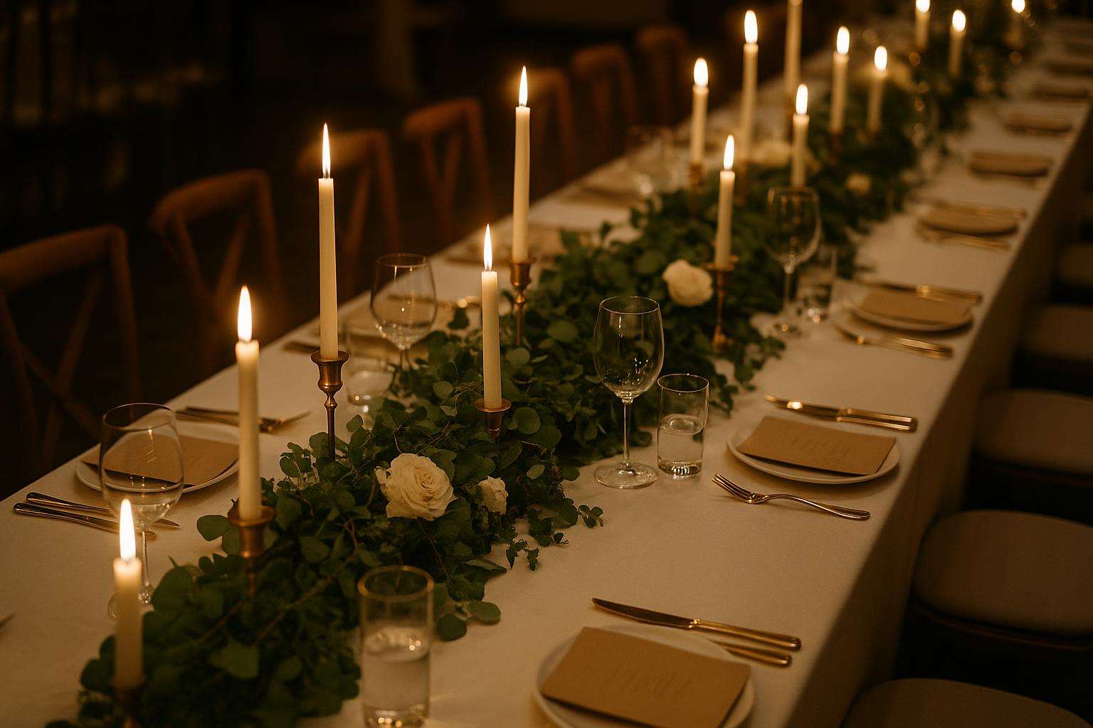 A long rectangular wedding reception table with a lush greenery garland runner, white taper candles in simple brass holders, small clusters of white spray roses, ivory linen, and gold-rimmed glassware in warm golden candlelight