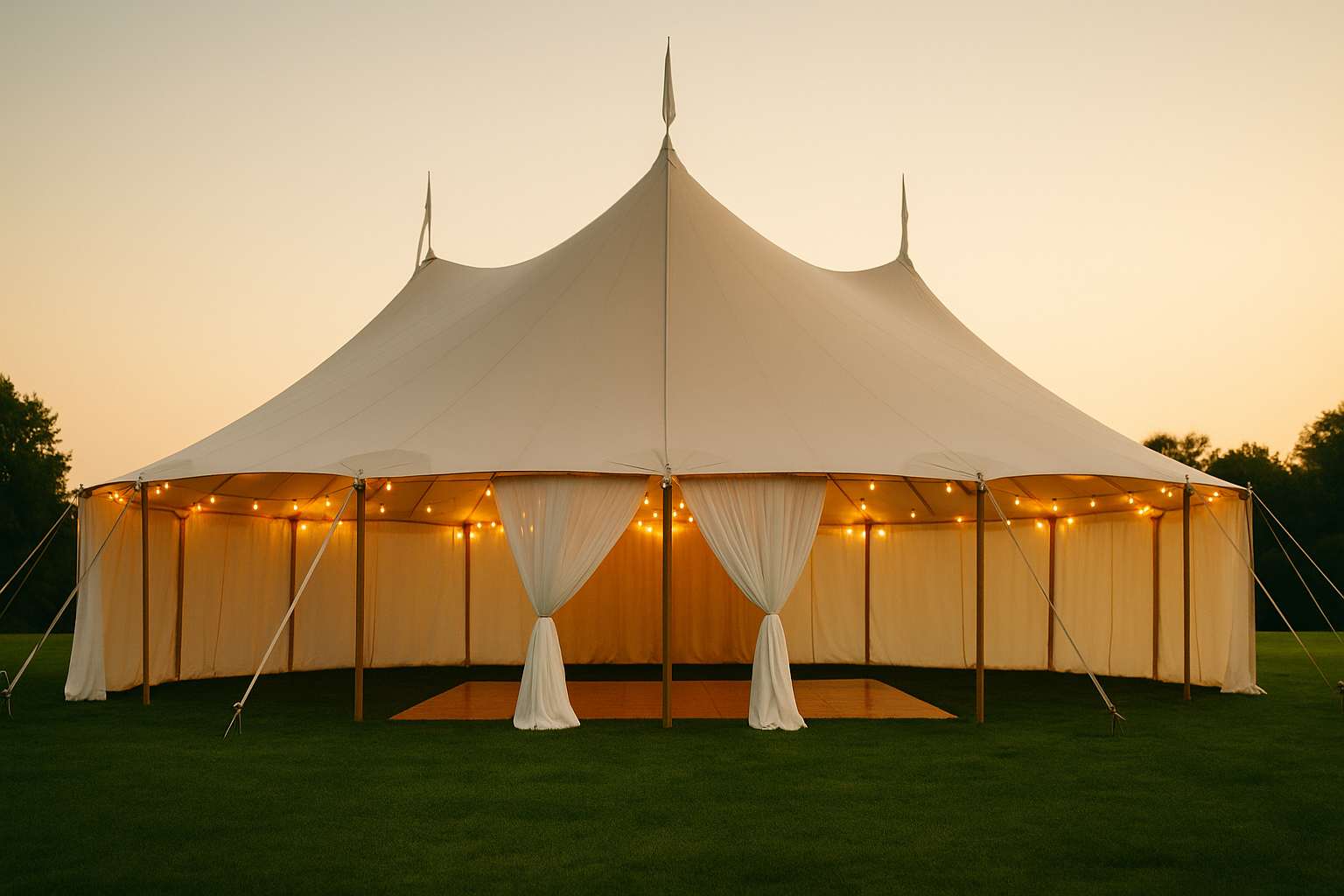 An elegant sailcloth wedding tent at golden hour, warm Edison string lights glowing inside, draped white fabric, wooden dance floor visible through the open entrance