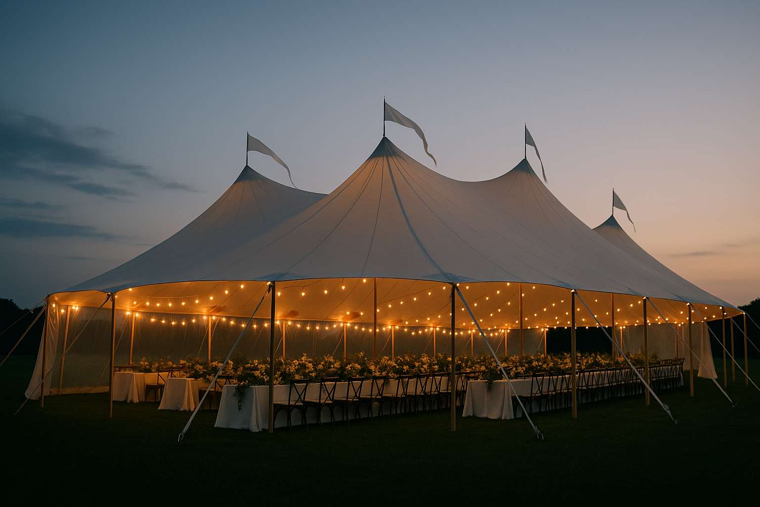 An elegant sailcloth tent wedding reception at dusk, warm Edison lighting glowing through the translucent canopy, long tables set with florals inside