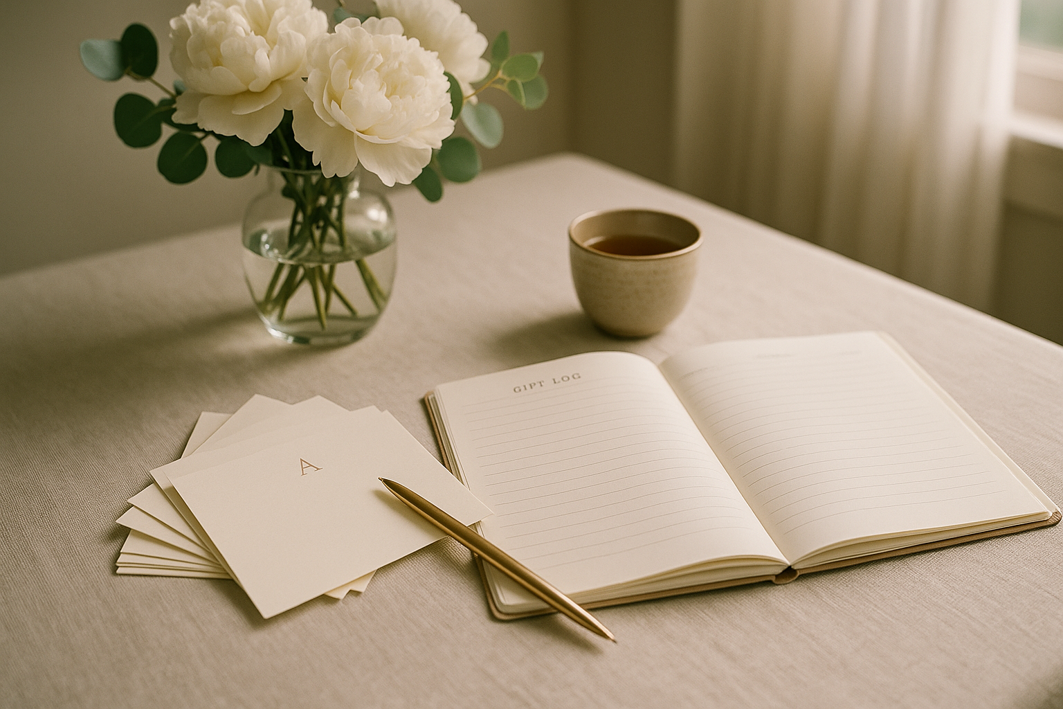 A bride writing wedding thank you notes at a sunlit desk, surrounded by personalized stationery, a cup of tea, and a small vase of white flowers