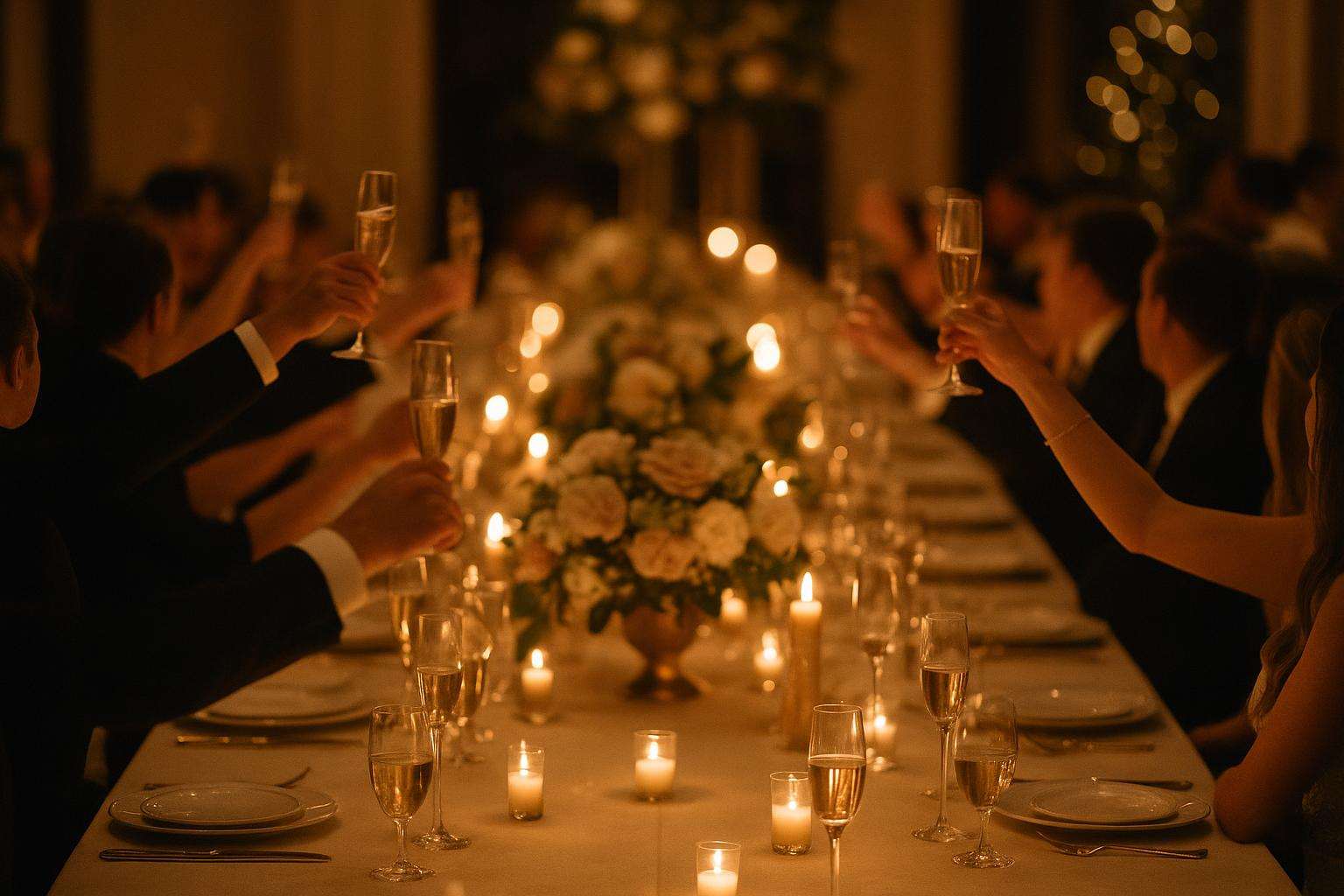 Wedding guests raising champagne glasses in a candlelit reception hall during a heartfelt wedding toast