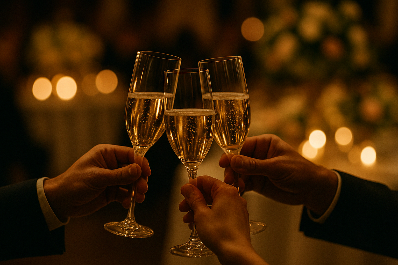 Three crystal champagne flutes raised in a toast at a candlelit wedding reception, with soft bokeh of flowers and table settings in the background