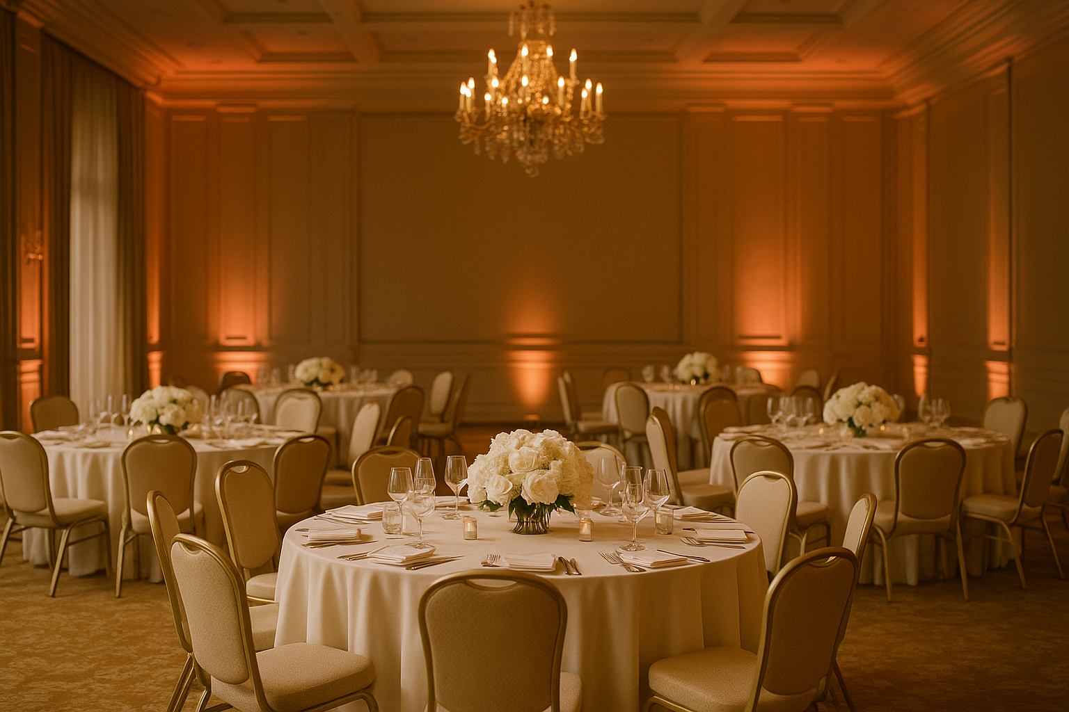 A romantic wedding reception ballroom with walls washed in warm amber uplighting, white floral centerpieces glowing softly on round tables dressed in ivory linen