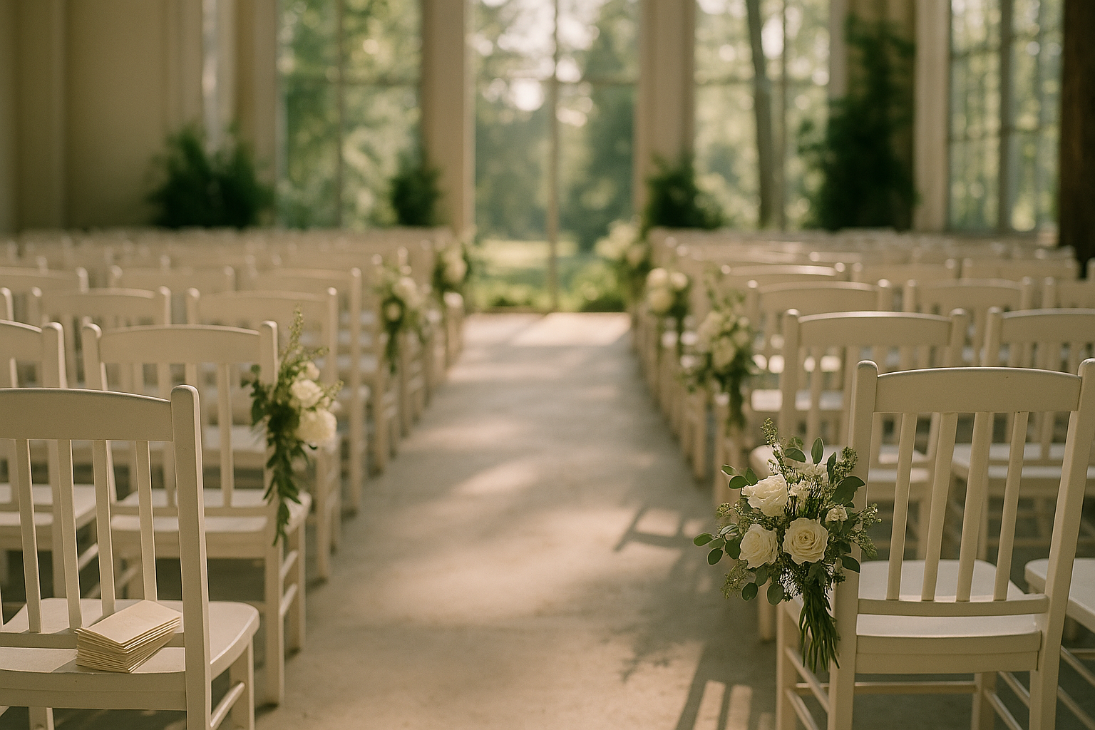 A row of ceremony chairs with floral aisle markers in soft natural light, a pile of folded wedding programs on a chair near the entrance