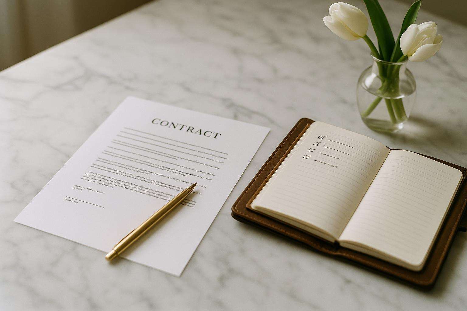 A bride reviewing a wedding vendor contract at a marble table, a pen in hand, a checklist notebook open beside the document