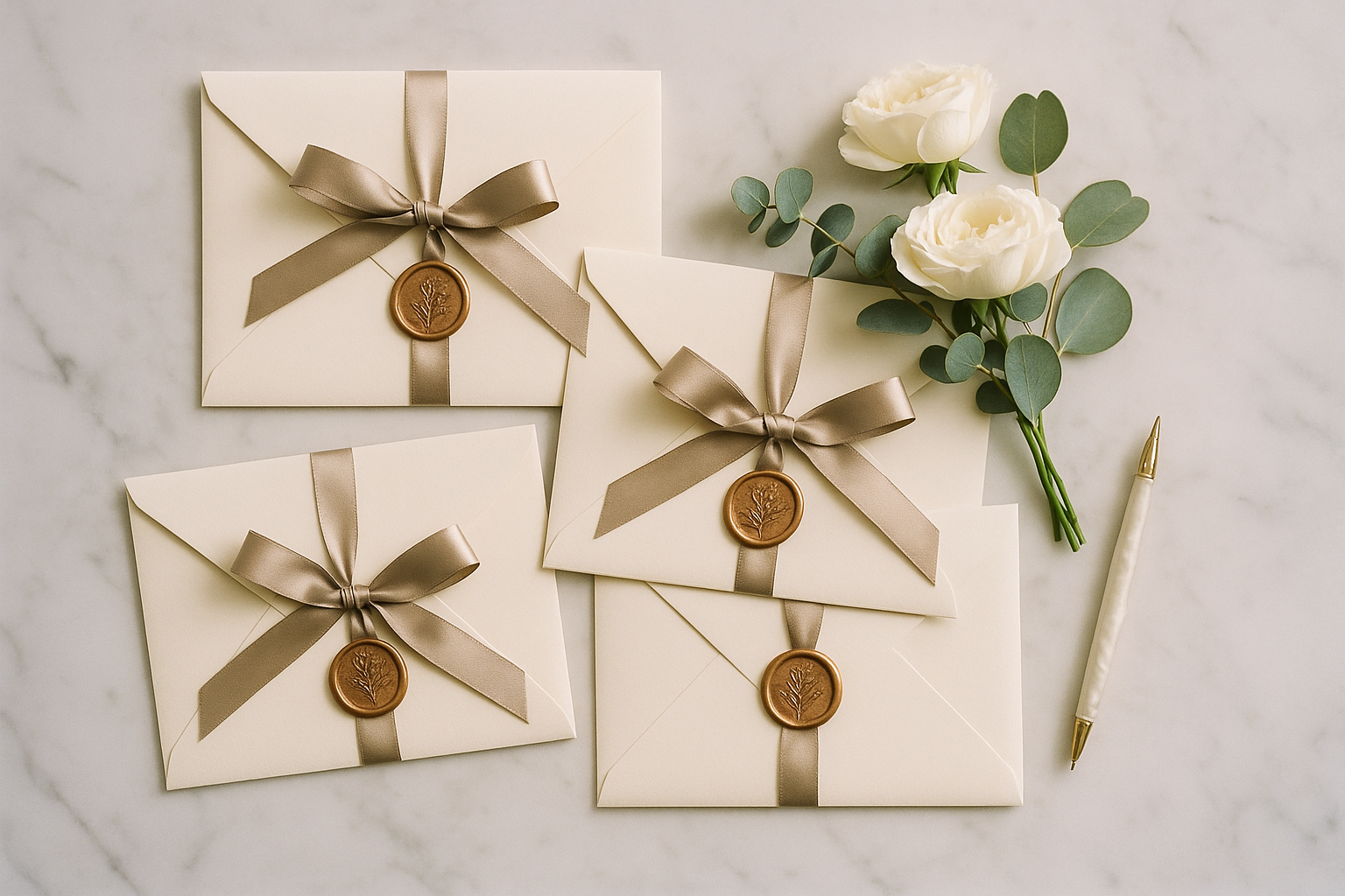 Elegant cream envelopes tied with satin ribbon arranged on a marble surface beside a small bouquet of white garden roses and greenery