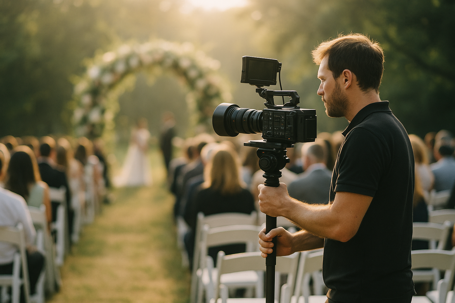 A videographer with a cinema camera films a wedding ceremony from behind the seated guests as the couple stands beneath a floral arch in soft afternoon light