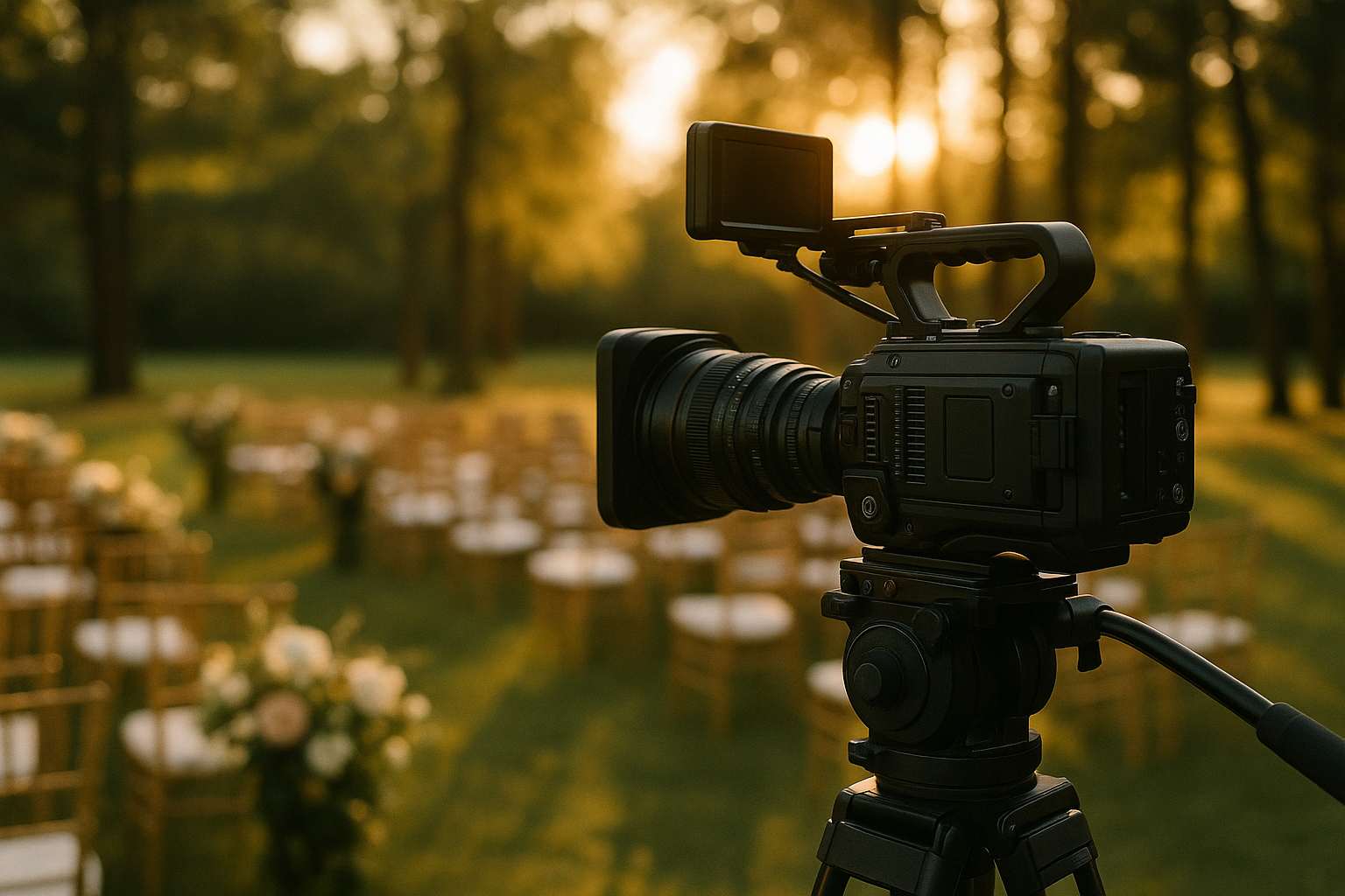 A videographer films a romantic couple during their outdoor golden-hour ceremony, camera on a shoulder rig, warm sunlight streaming through trees