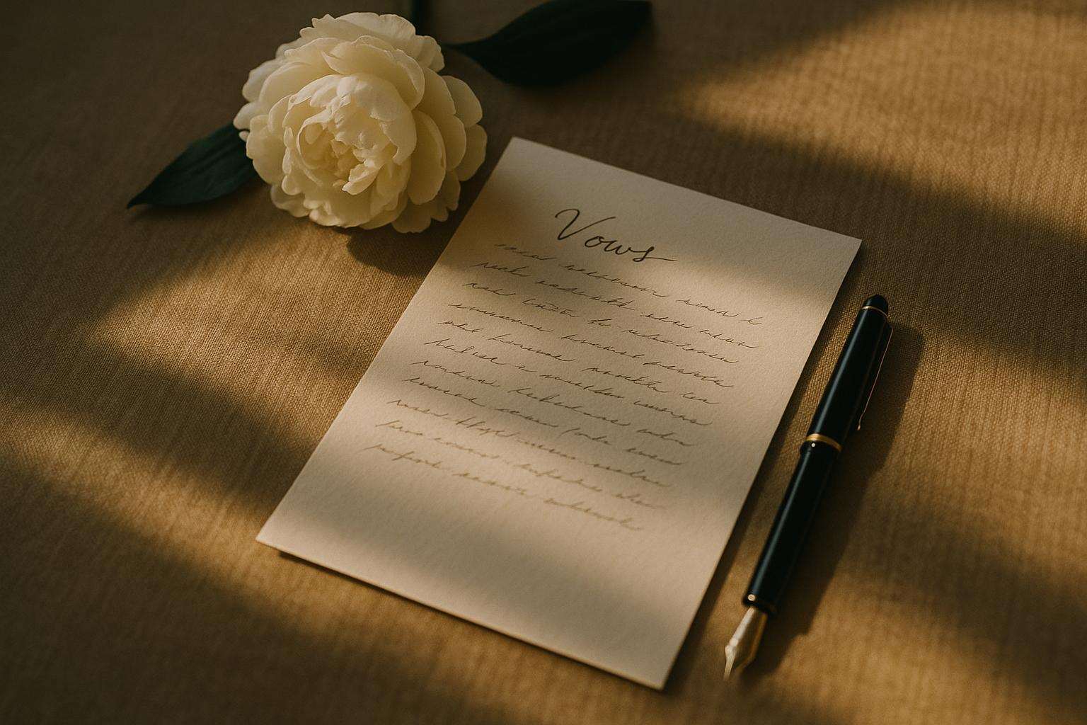 A handwritten wedding vow draft on cream-colored paper with a fountain pen resting alongside, natural morning light falling across the page
