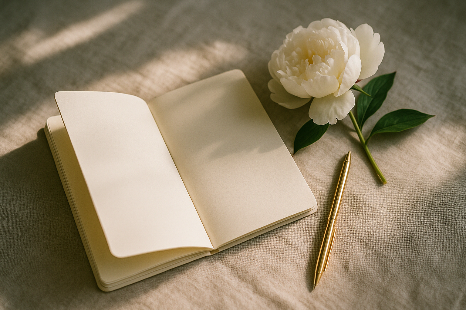 An open cream-colored leather vow book resting on a linen-draped surface beside a single white peony and a gold pen, bathed in soft natural morning light