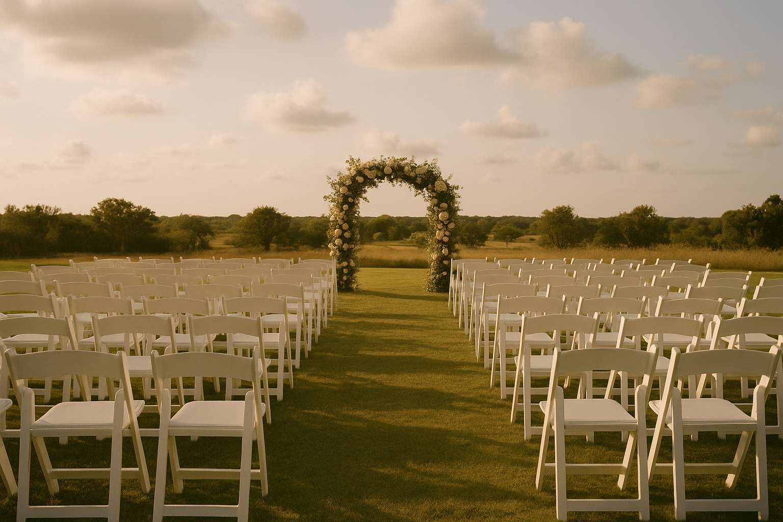 A beautiful outdoor wedding ceremony setup with white chairs and floral arrangements, with soft clouds in the background suggesting uncertain weather