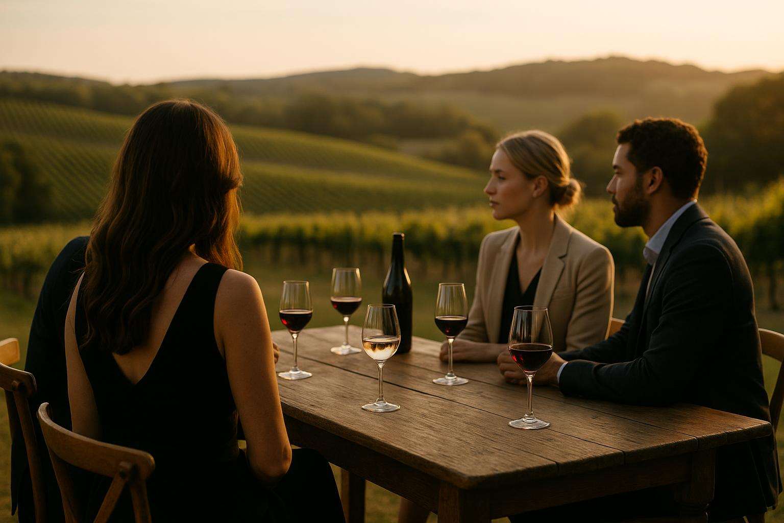 A group of elegantly dressed wedding guests gathered around an outdoor wine tasting table at a vineyard at golden hour, glasses raised, laughing, soft hills and vines in the background