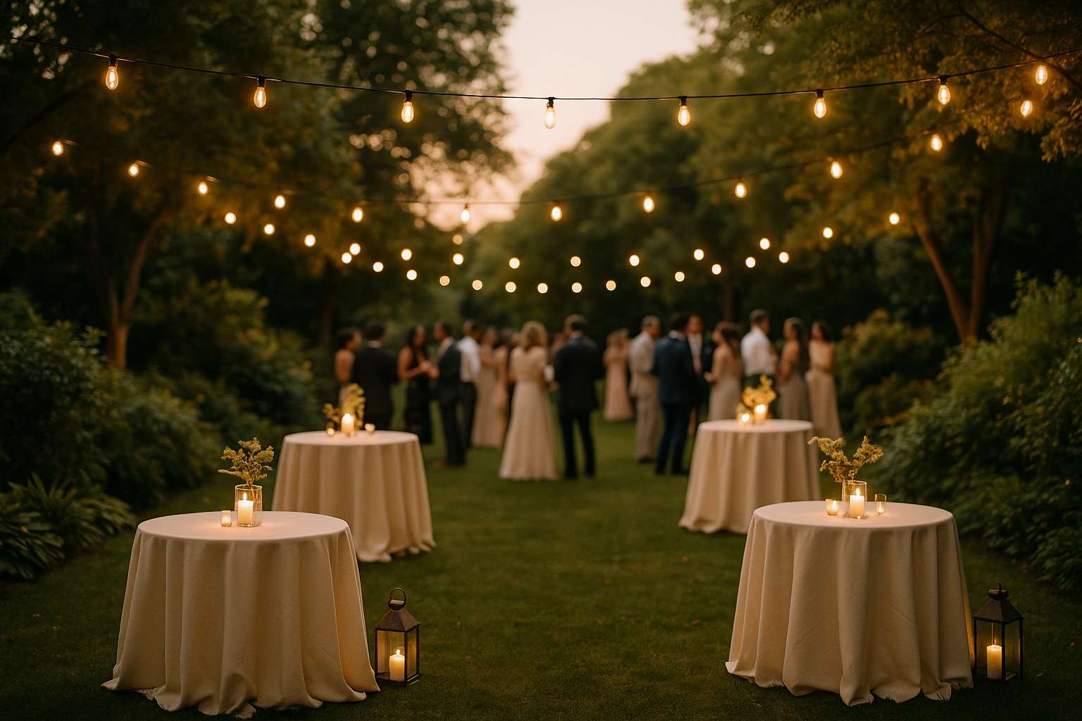 Outdoor evening welcome party with string lights, cocktail tables, and guests mingling in a garden setting