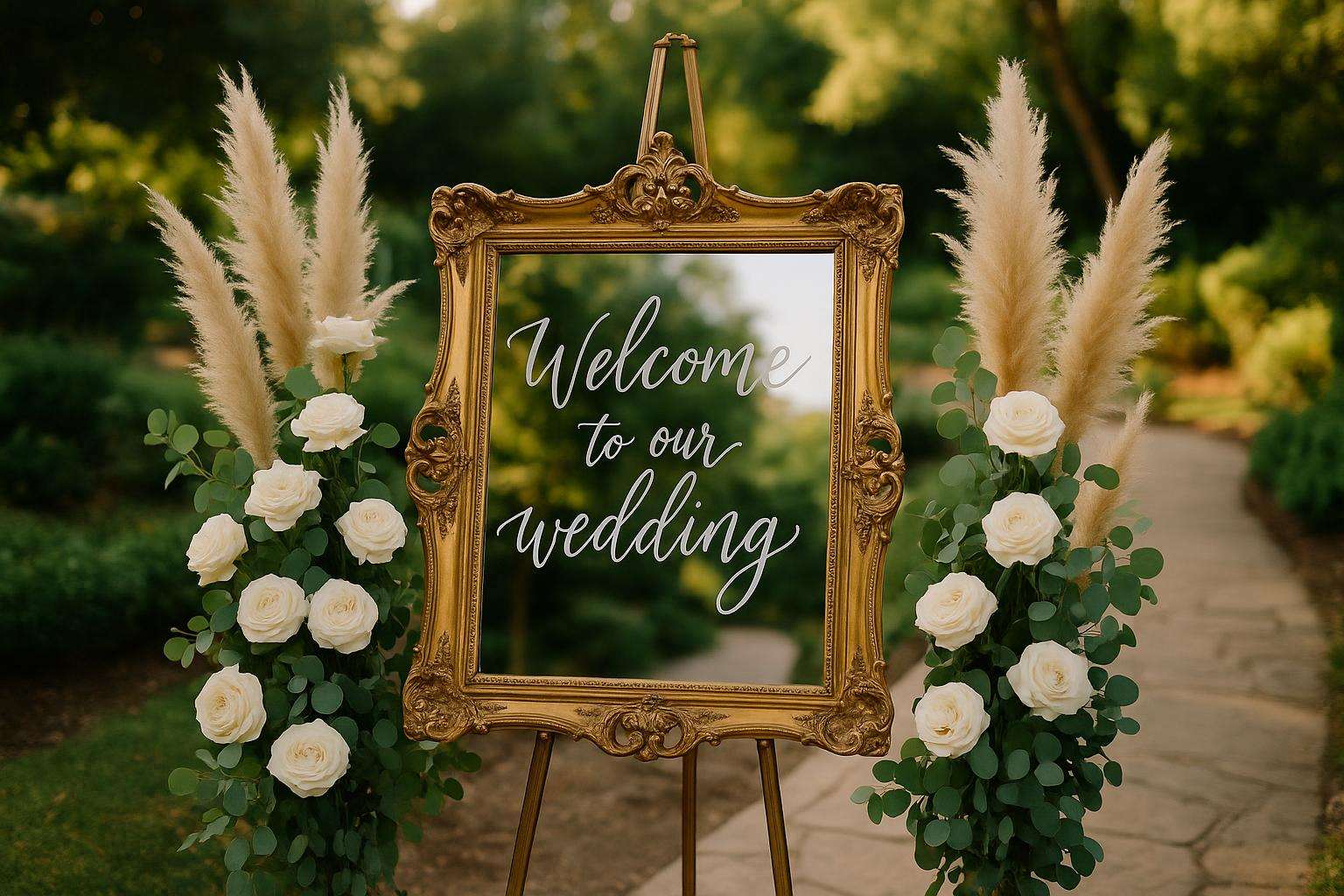 A large ornate mirror with gold-leaf calligraphy welcome text displayed on an easel at a garden wedding entrance, surrounded by lush white floral arrangements