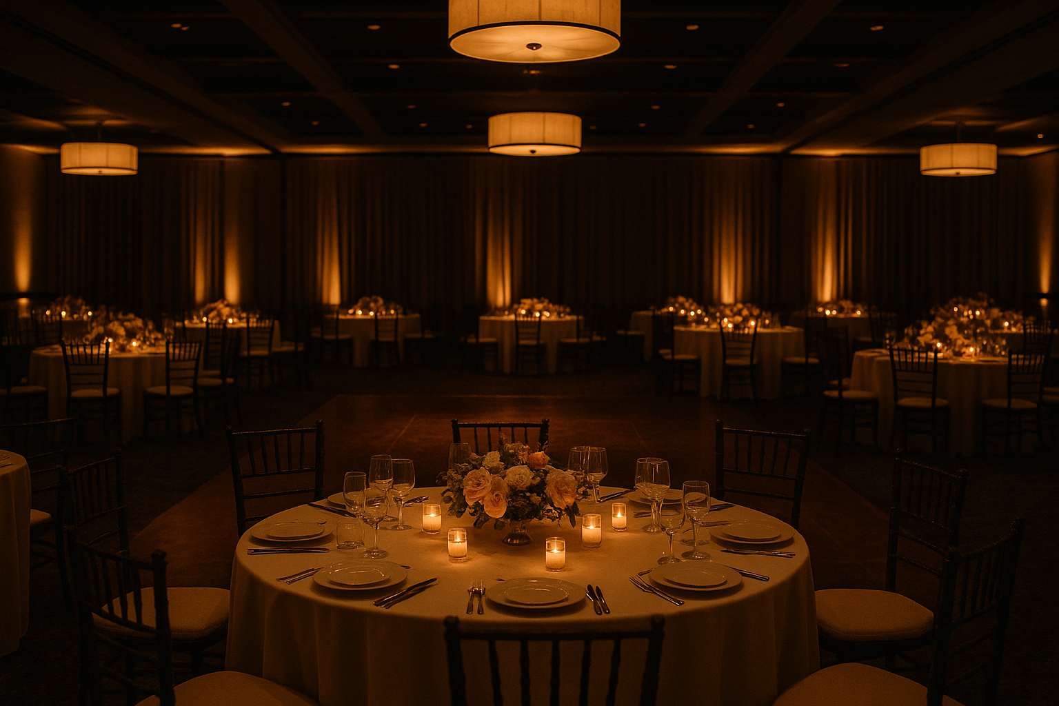 A beautifully lit Friday evening wedding reception with candlelit tables and guests dancing in an elegant venue