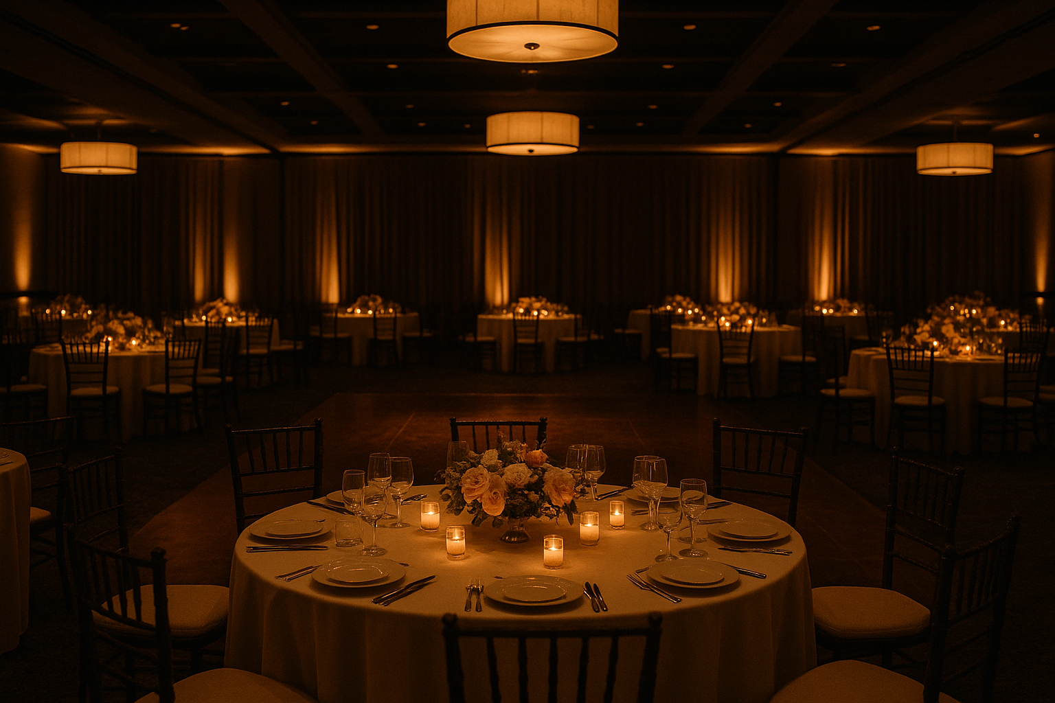 A beautifully lit Friday evening wedding reception with candlelit tables and guests dancing in an elegant venue