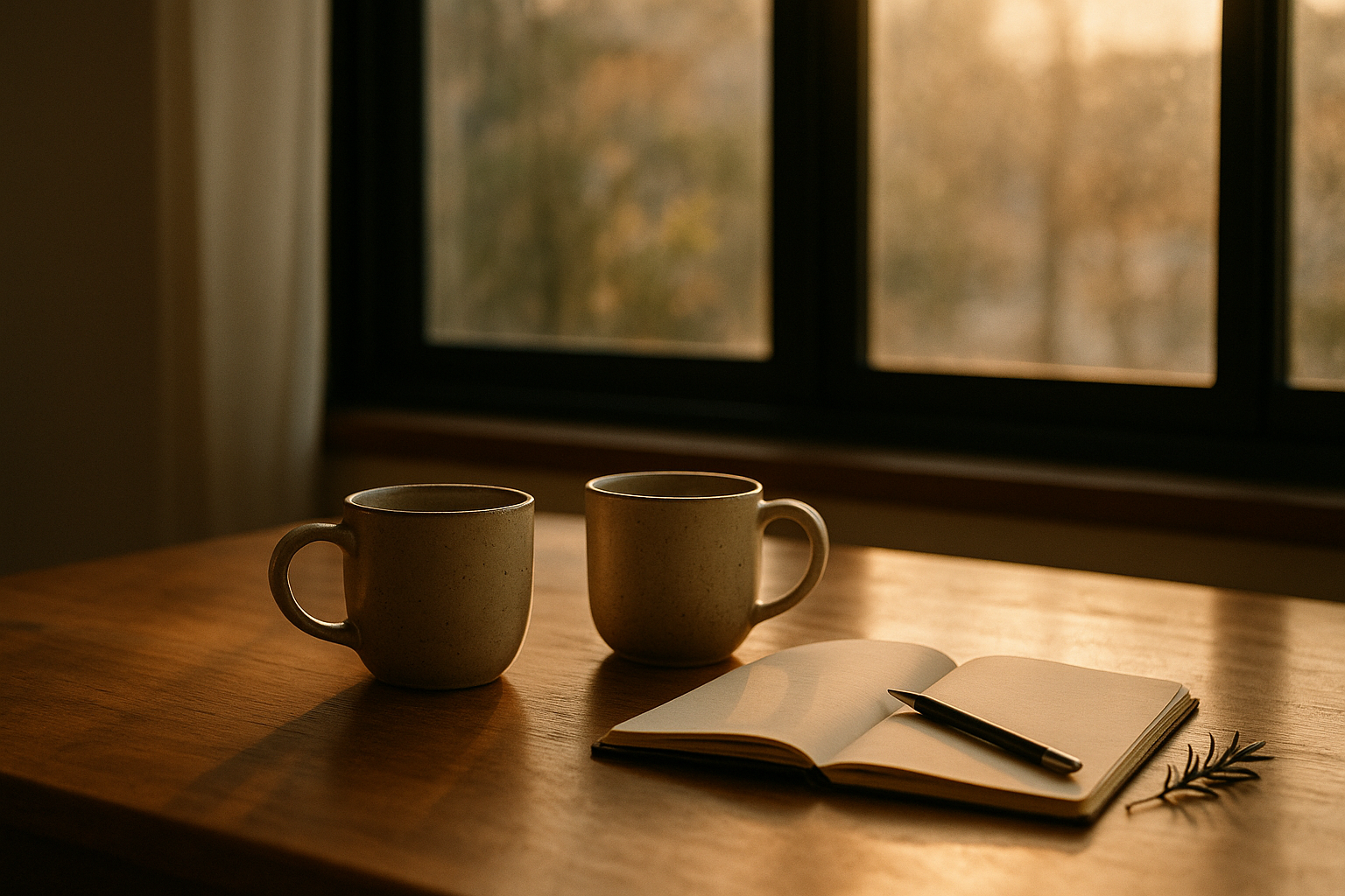 A couple's two mugs of tea on a wooden table near a window, morning light streaming in, a small notebook open nearby, intimate and peaceful