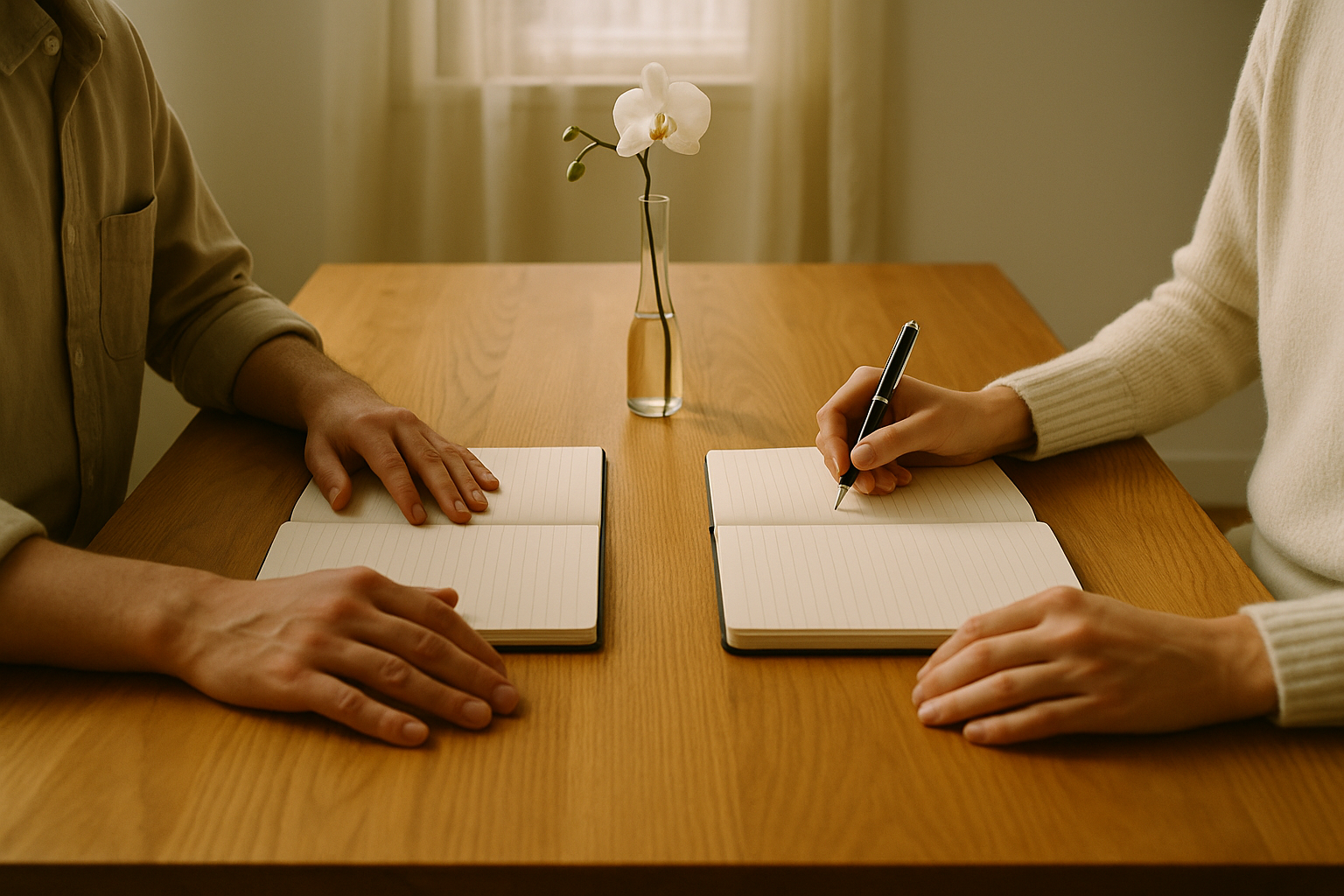 Two sets of hands resting on a warm wooden table, one holding a pen over a notebook, soft natural light from a nearby window creating a sense of calm and intention