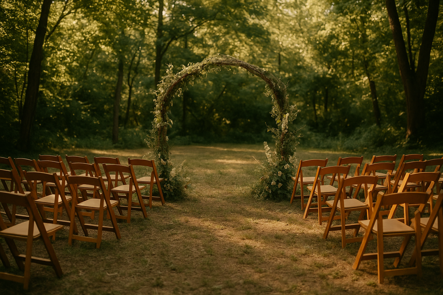 An intimate outdoor ceremony set in a woodland clearing, wooden chairs facing a simple floral arch, soft dappled light filtering through the tree canopy