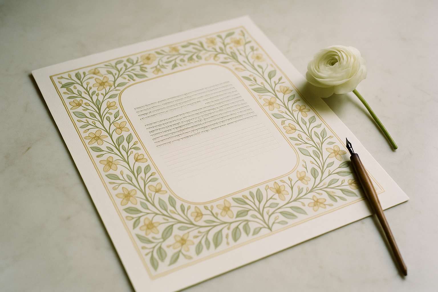 A beautifully illustrated ketubah with botanical motifs in gold, ivory, and soft green, lying open on a marble surface beside a white ranunculus bloom and a calligraphy pen