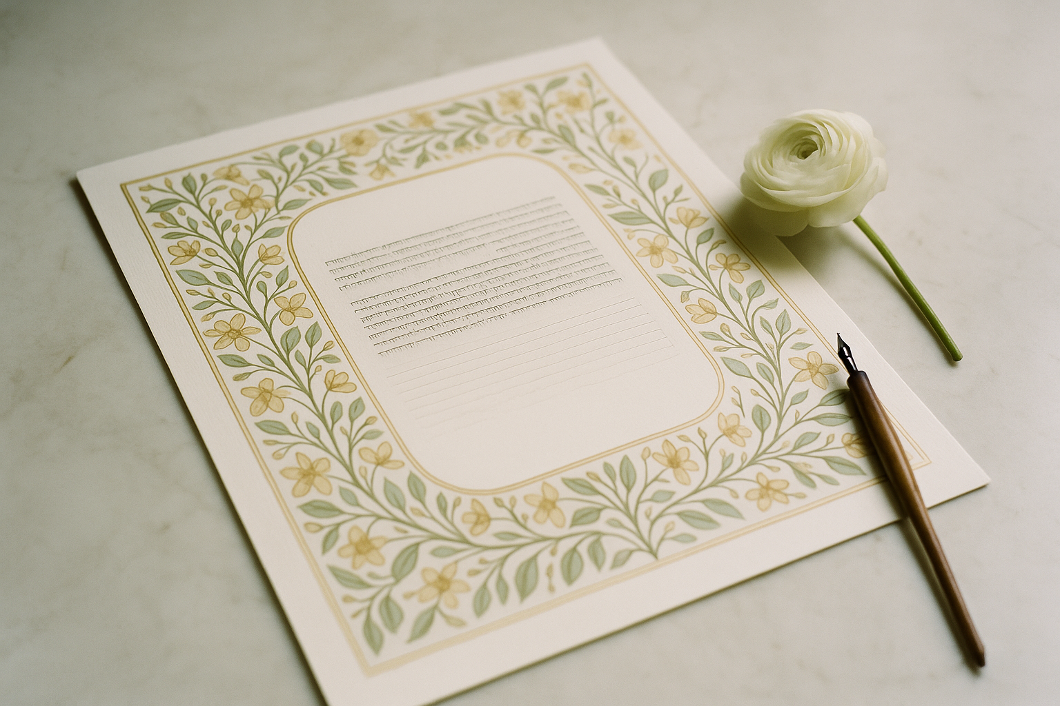 A beautifully illustrated ketubah with botanical motifs in gold, ivory, and soft green, lying open on a marble surface beside a white ranunculus bloom and a calligraphy pen
