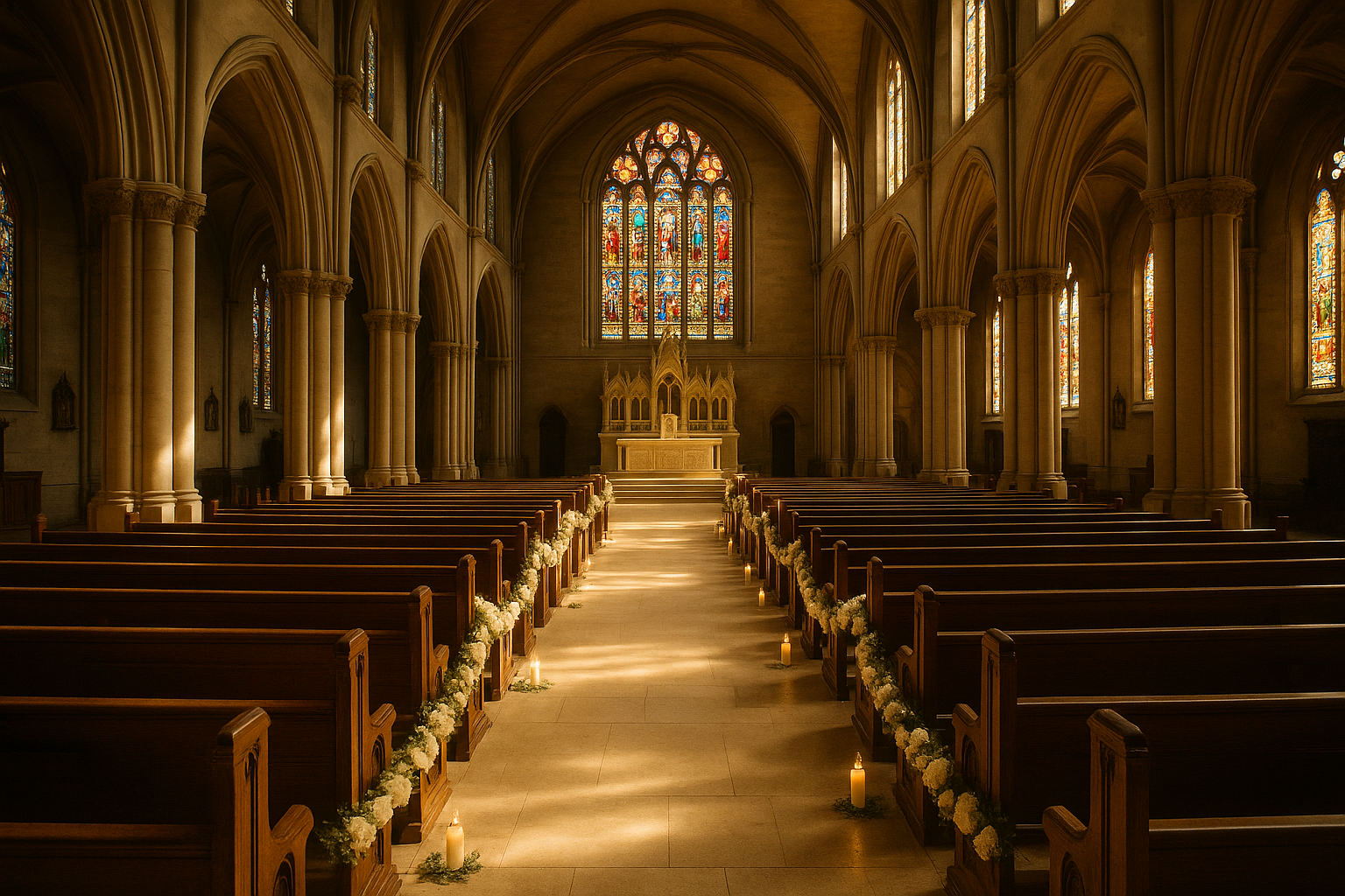 The interior of a beautifully lit Catholic church with white floral arrangements lining a candlelit aisle leading to the altar at golden hour