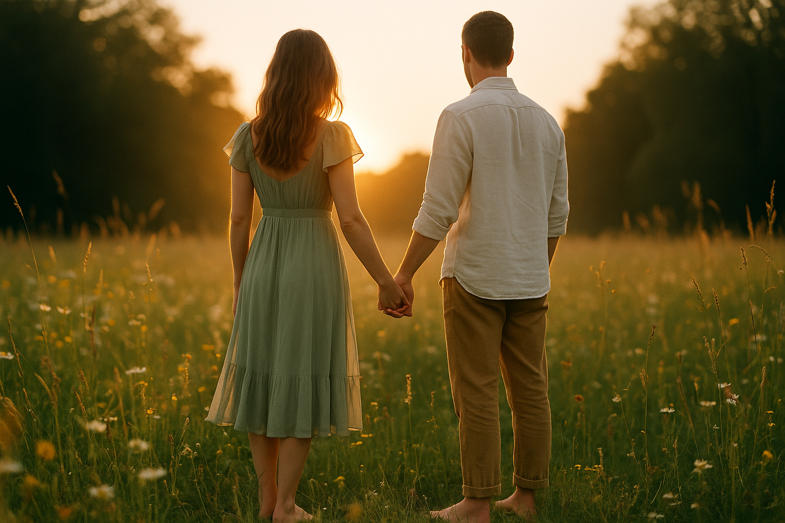 A woman in a soft sage-green flowing midi dress and a man in cream linen shirt and tan trousers standing in a sunlit meadow during golden hour, coordinated but not matching.
