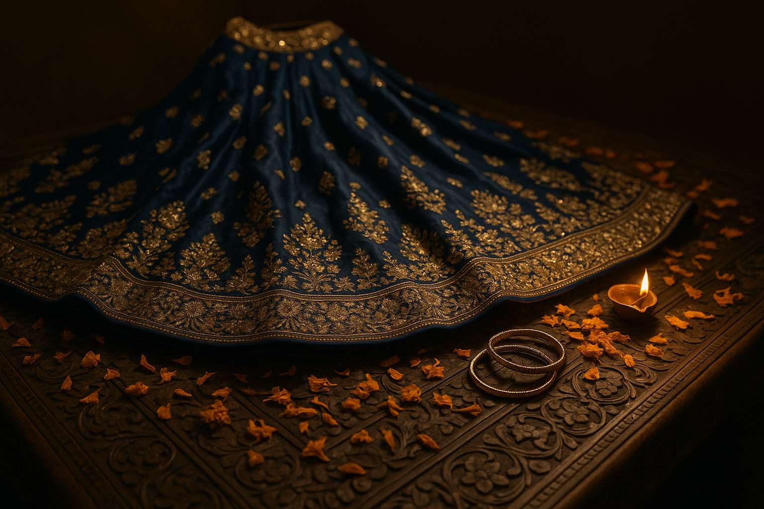 A beautifully draped silk saree in deep jewel tones of royal blue and gold laid across a carved wooden surface, alongside marigold petals and gold bangles
