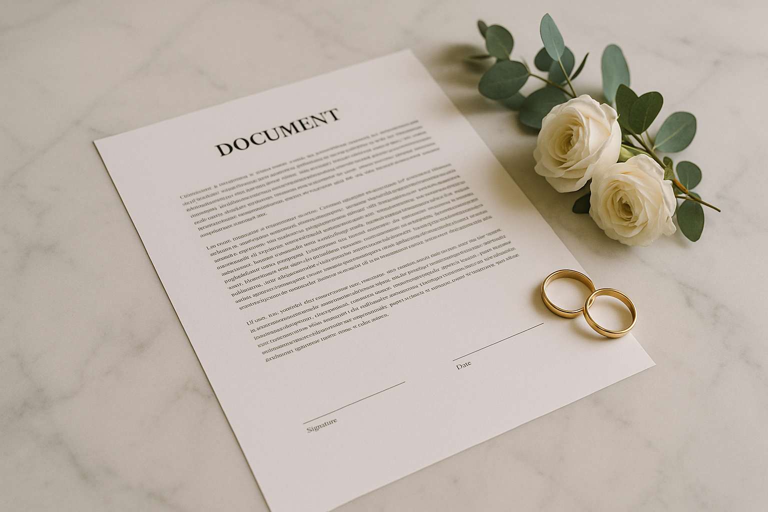 An official marriage license document on a marble surface beside two simple gold wedding bands and a small bouquet of white garden roses