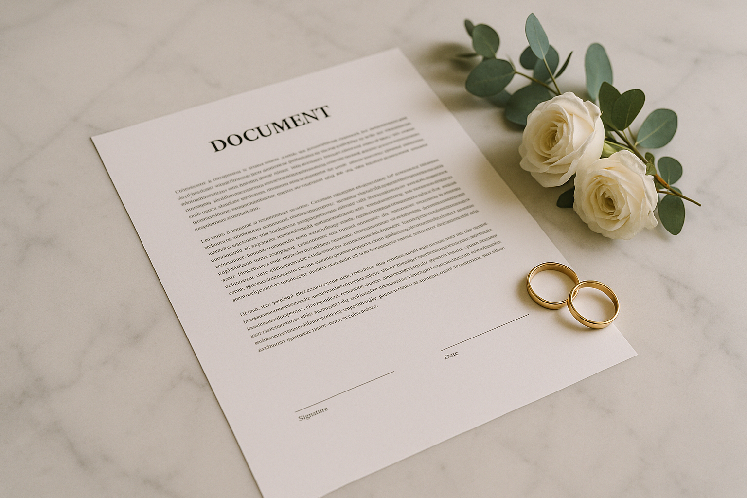 An official marriage license document on a marble surface beside two simple gold wedding bands and a small bouquet of white garden roses