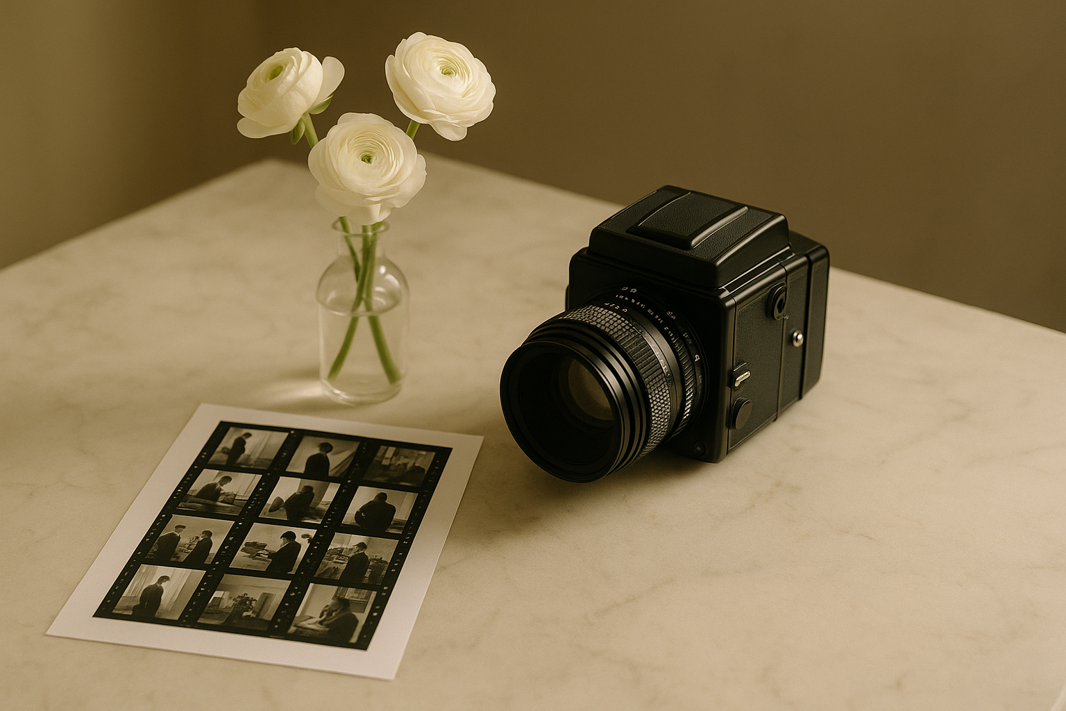 A wedding photographer's camera bag open on a marble table with a medium format film camera, a printed contact sheet, and a small vase of white ranunculus in soft natural light