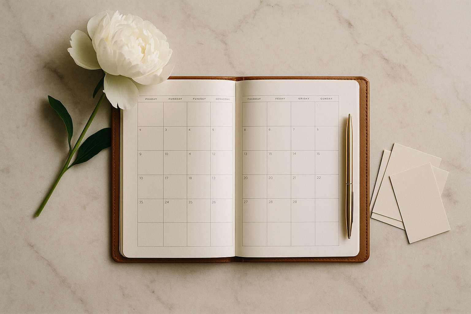 A bridal planning flat lay with a planner notebook, pen, pressed floral sprig, and elegant stationery on a marble surface in soft natural light