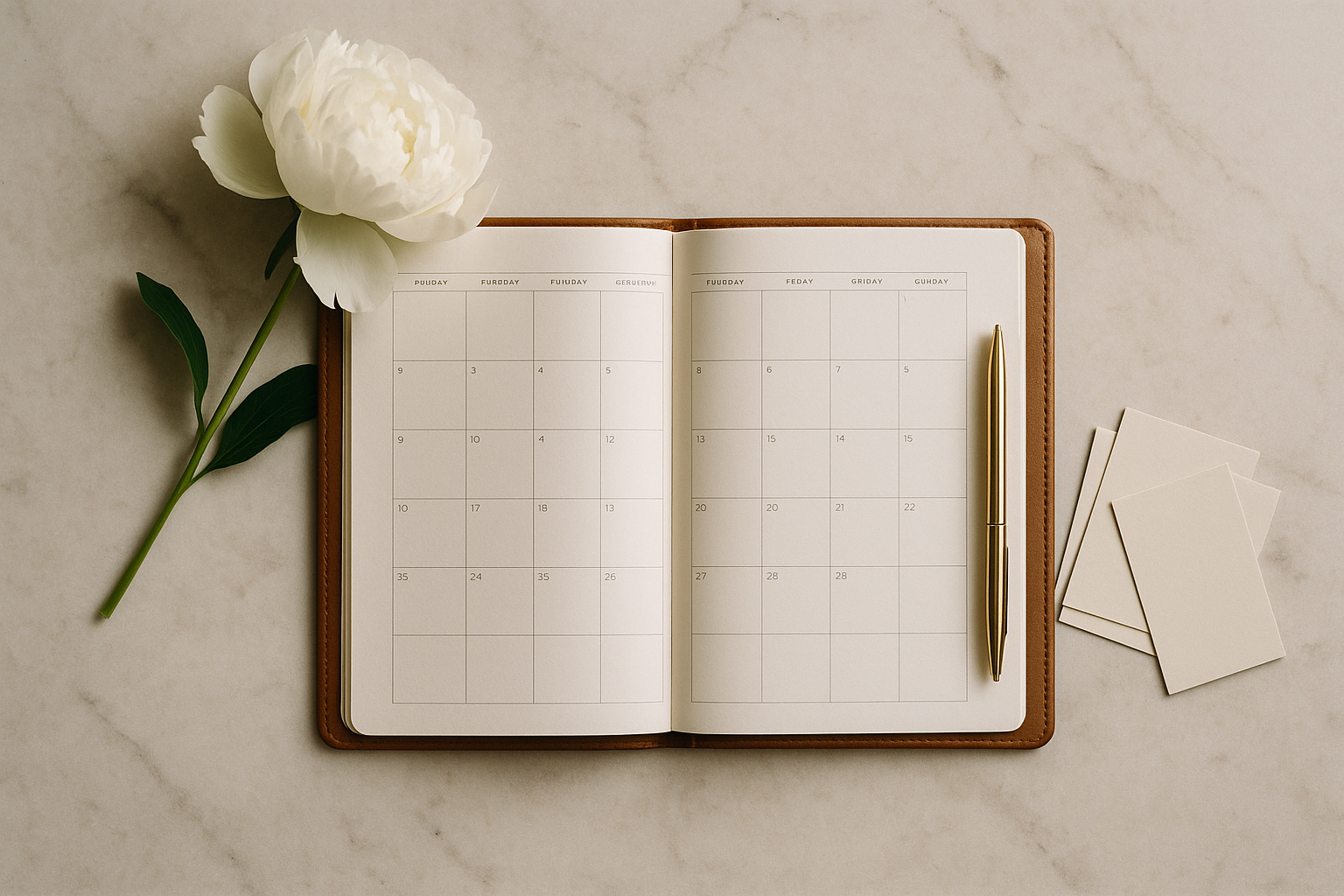A bridal planning flat lay with a planner notebook, pen, pressed floral sprig, and elegant stationery on a marble surface in soft natural light