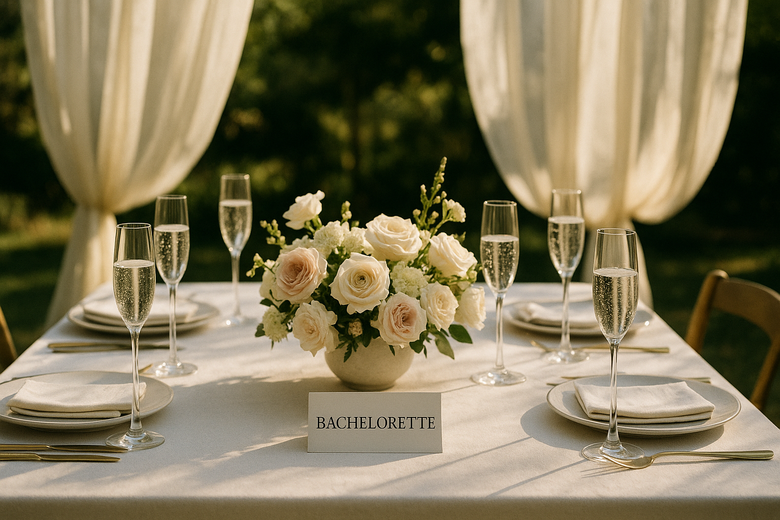 A beautifully styled outdoor bachelorette brunch table with floral arrangements, champagne flutes filled with sparkling water, and white satin ribbon accents in warm afternoon light