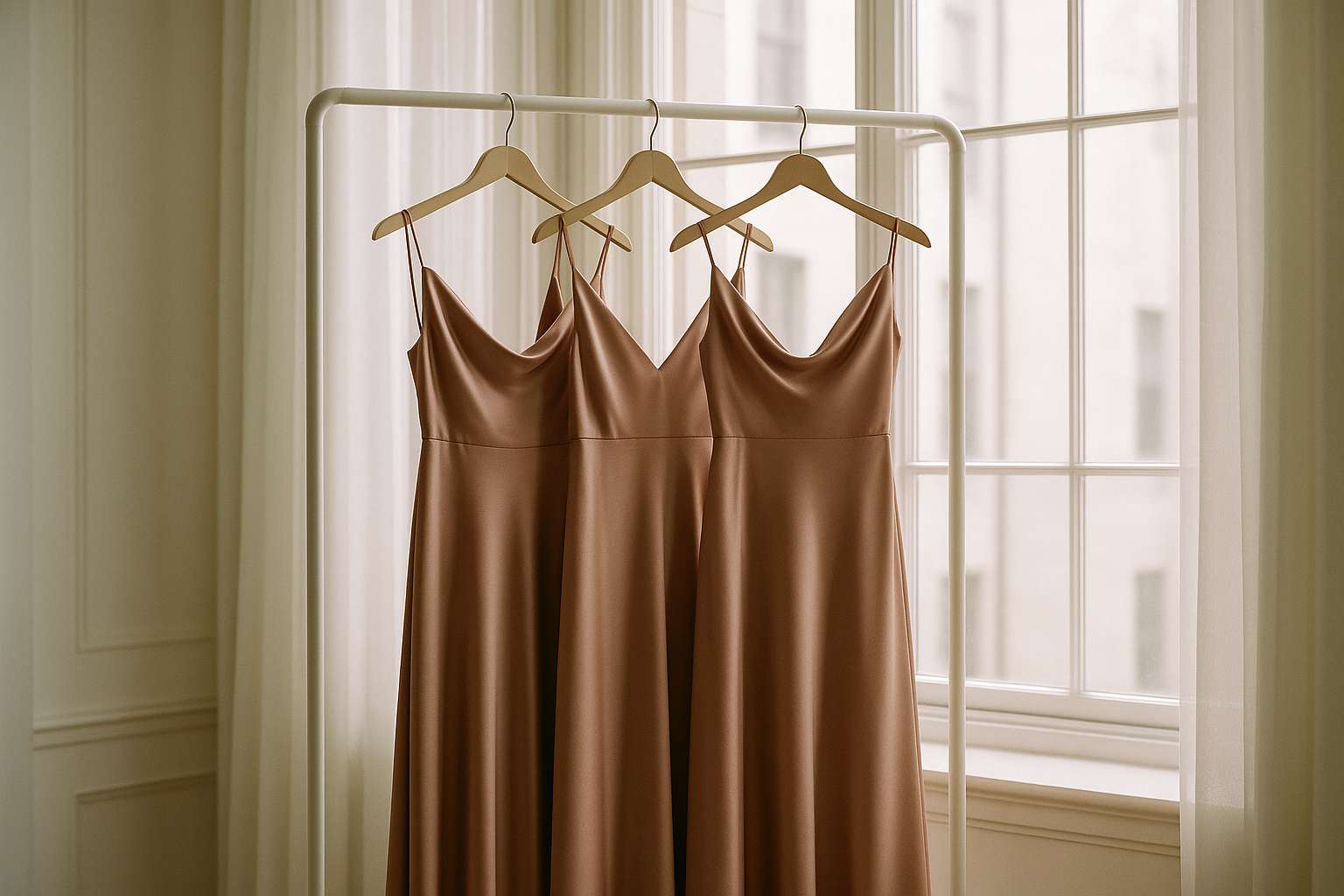 Three elegant bridesmaid dresses in dusty rose satin hanging on a white rack near a sunlit window, soft natural light, no faces visible