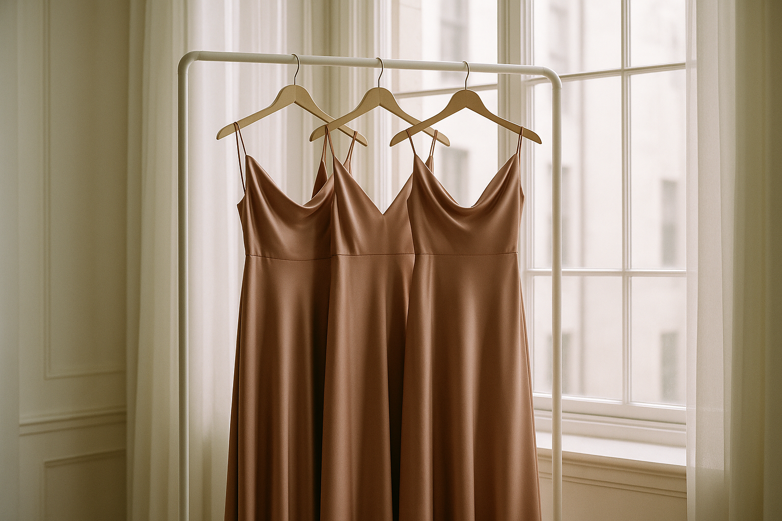 Three elegant bridesmaid dresses in dusty rose satin hanging on a white rack near a sunlit window, soft natural light, no faces visible