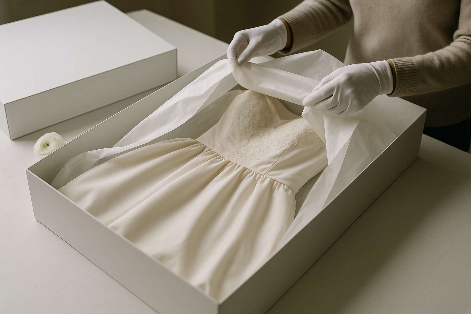 An ivory wedding gown carefully wrapped in acid-free tissue paper inside an open preservation box, with a white ranunculus bloom resting beside the box on a clean white surface