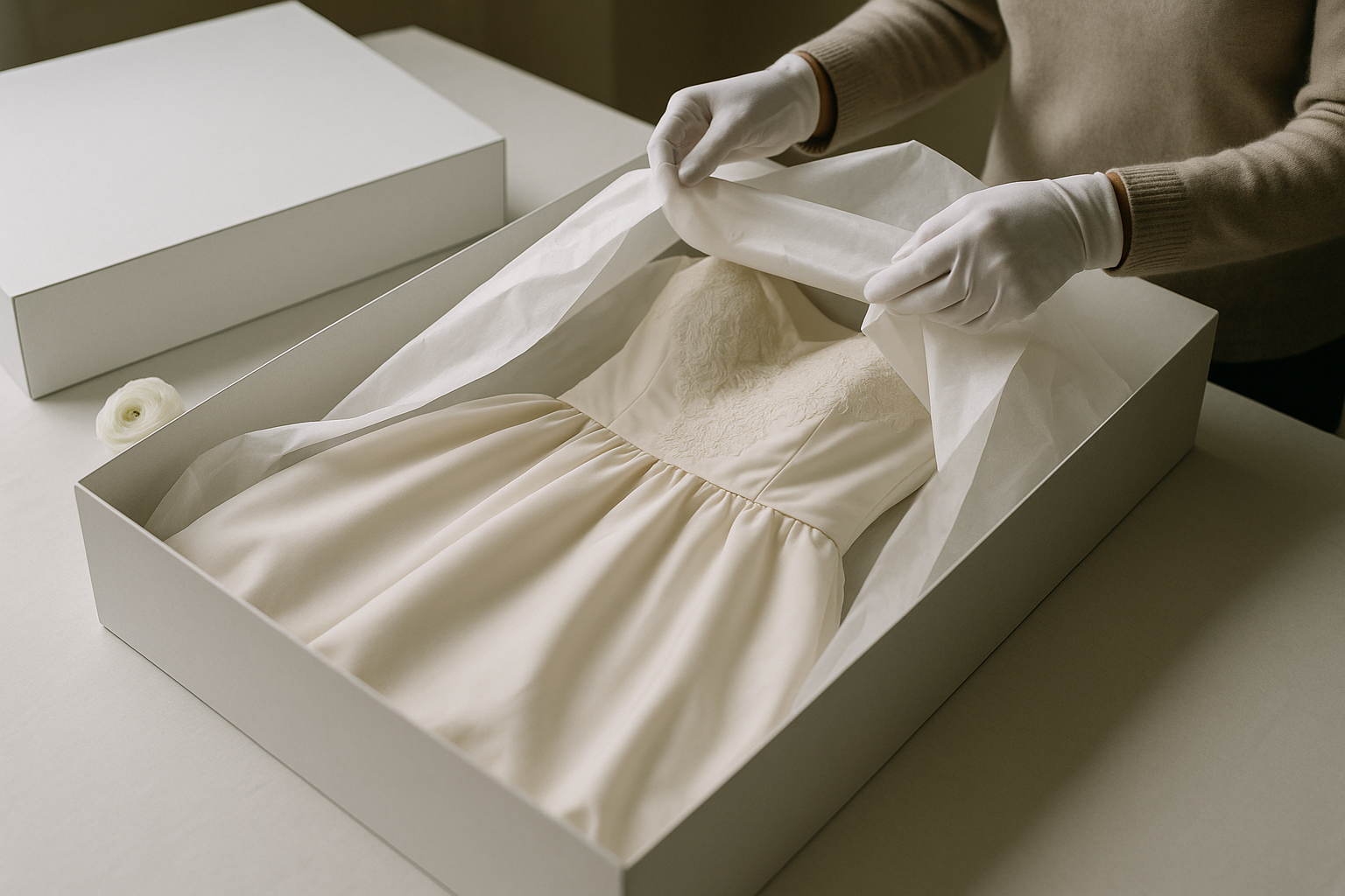 An ivory wedding gown carefully wrapped in acid-free tissue paper inside an open preservation box, with a white ranunculus bloom resting beside the box on a clean white surface