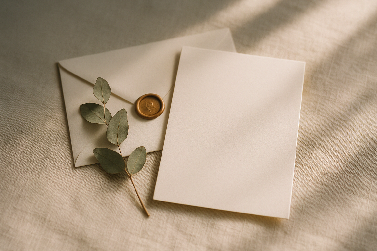 A beautifully designed save-the-date card with a sprig of dried eucalyptus resting beside it on a cream linen surface, softly lit with warm natural light