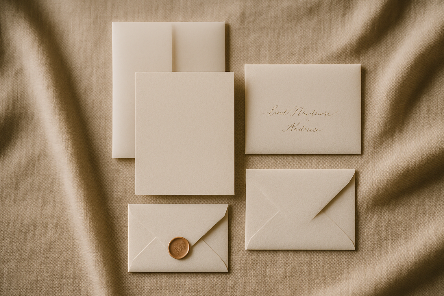A flat lay of a beautifully designed wedding invitation suite arranged on a linen surface — envelope, invitation card, RSVP card, and details insert, soft natural light.