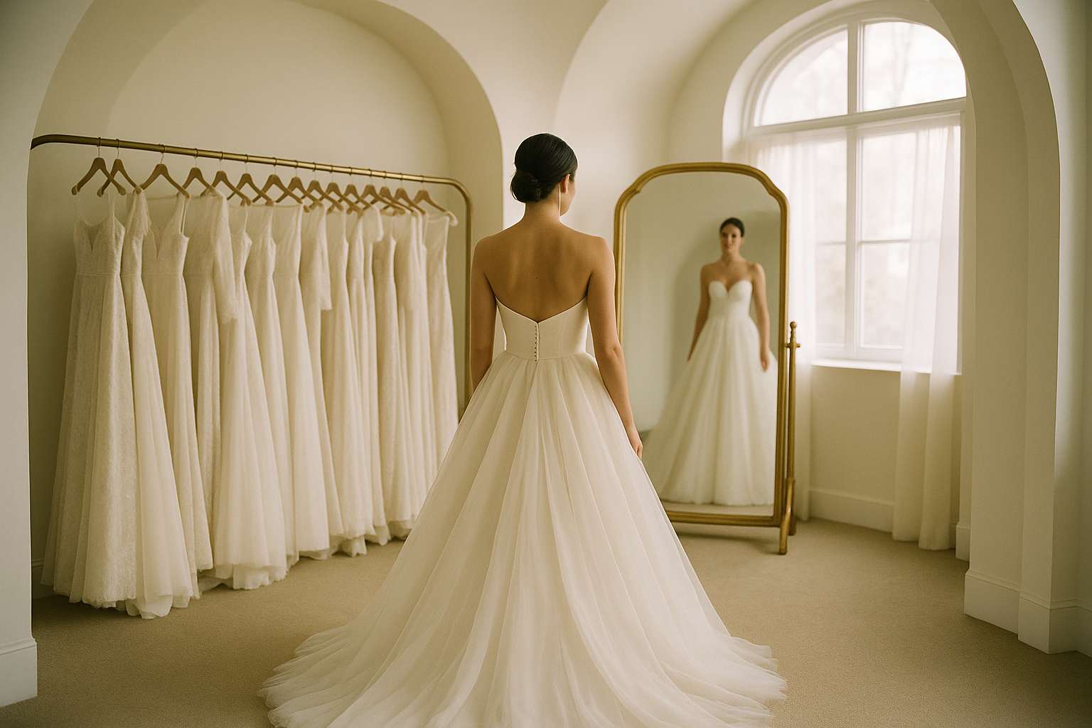 A bride in a flowing ivory ballgown stands in a sunlit bridal boutique surrounded by gowns on a curved rack, looking into a full-length mirror with a calm, serene expression, no visible face, warm natural light