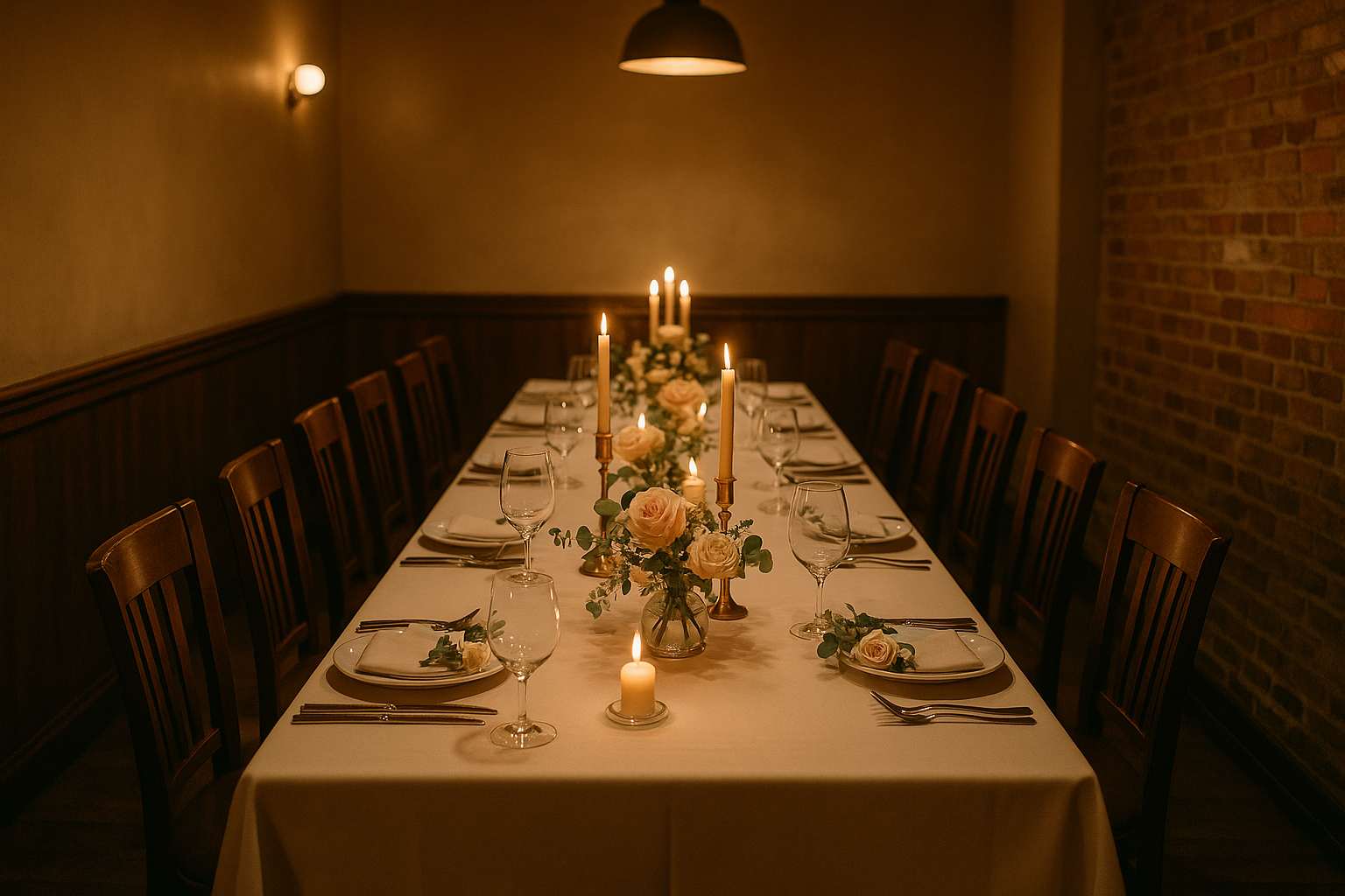 An intimate rehearsal dinner table set for twelve with candlelight, simple floral arrangements, and warm dinner service in a private dining room