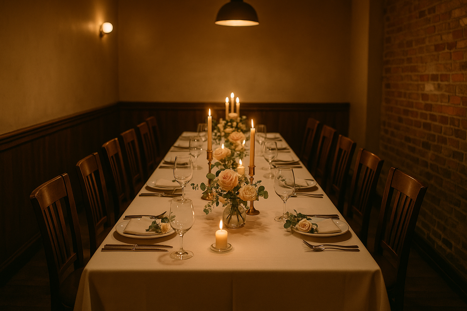 An intimate rehearsal dinner table set for twelve with candlelight, simple floral arrangements, and warm dinner service in a private dining room