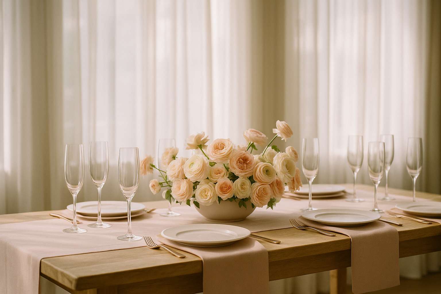 Elegant bridal shower table setting with floral centerpiece, champagne flutes, and pastel linens in soft natural light