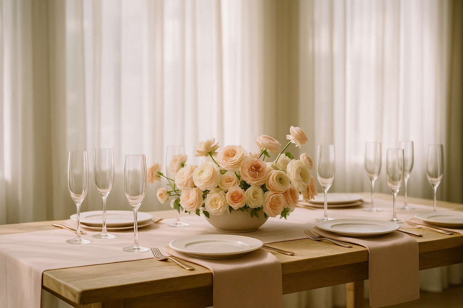 Elegant bridal shower table setting with floral centerpiece, champagne flutes, and pastel linens in soft natural light