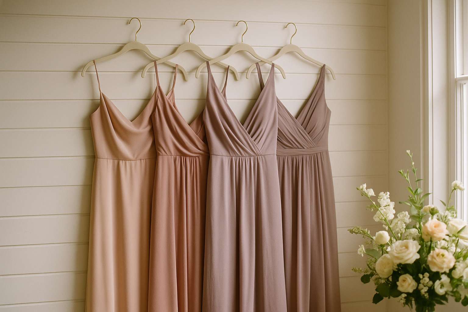 Four bridesmaid dresses in coordinating blush and dusty rose tones hanging on ivory velvet hangers against a soft white background